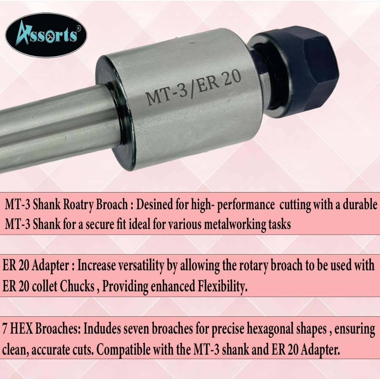 Assorts MT3 Shank Rotary Broach Kit with ER-20 Adapter & 7-Piece Hex Broach Set – Premium Precision Tools for CNC and Milling Operation
