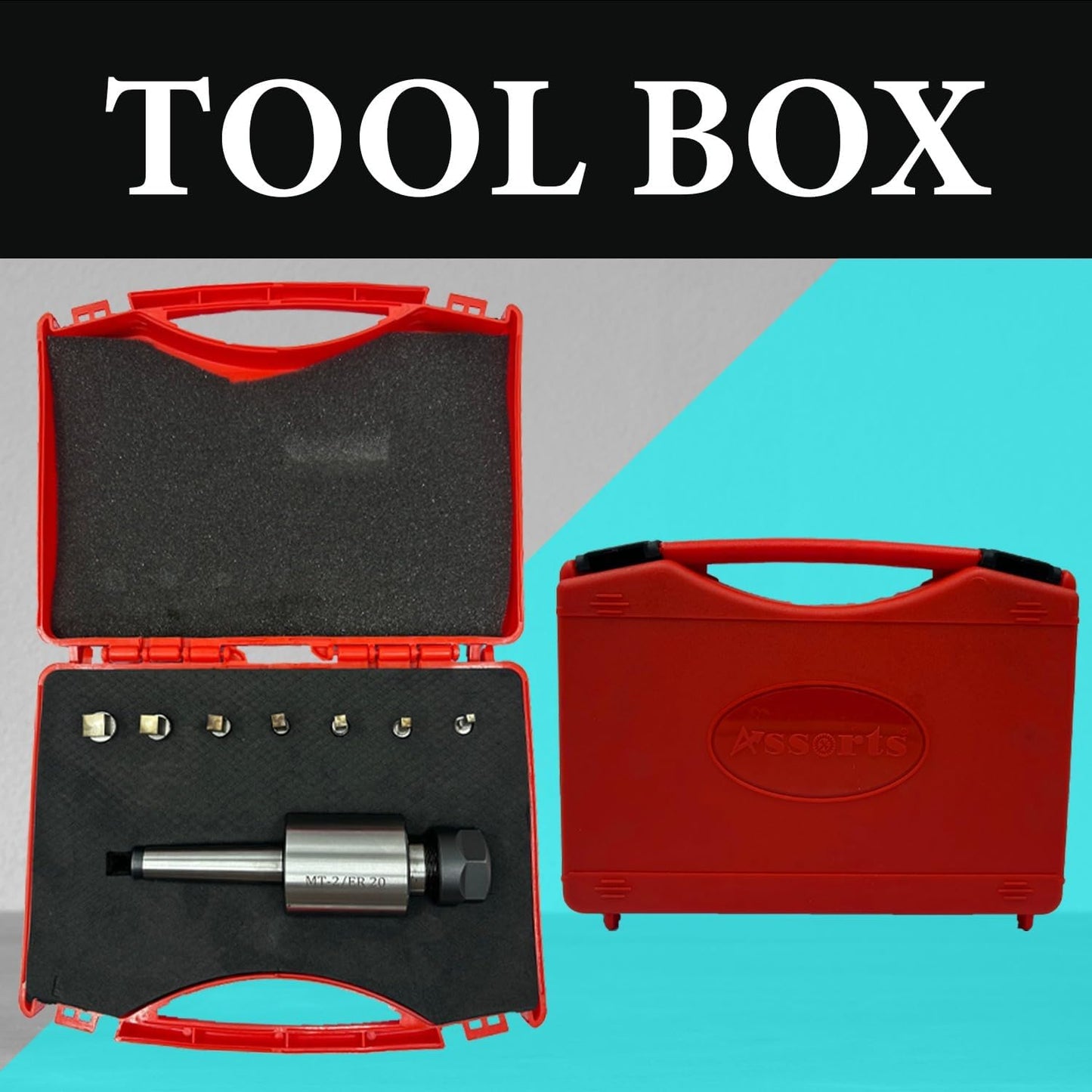 ASSORTS MT-2 Shank Rotary Broach Holder with ER20 Adapter & 7-Piece Square Punch Broach Set (3–12mm) for CNC Lathe, Milling Machine, Internal Square Hole Cutting & Precision Metalworking Tools