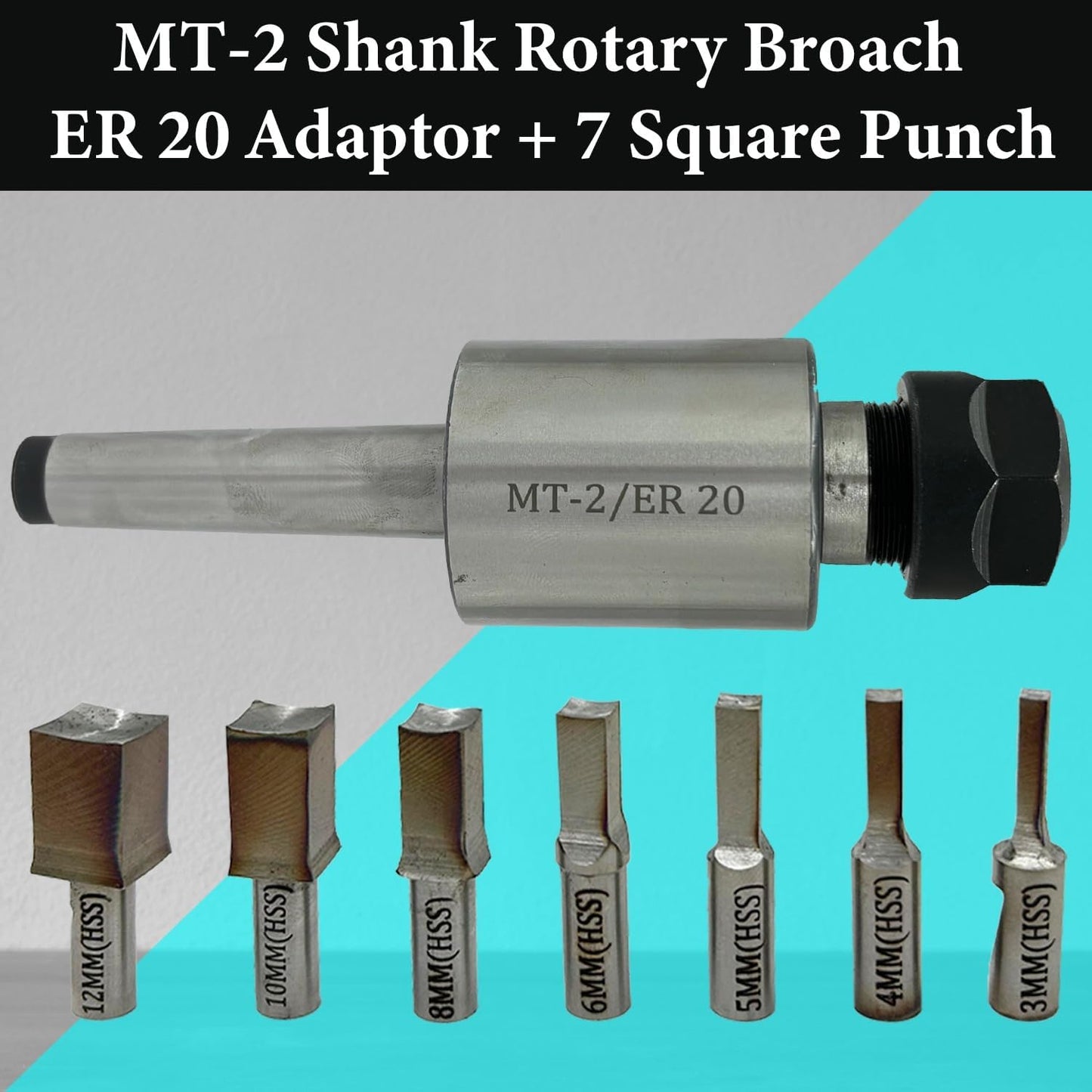 ASSORTS MT-2 Shank Rotary Broach Holder with ER20 Adapter & 7-Piece Square Punch Broach Set (3–12mm) for CNC Lathe, Milling Machine, Internal Square Hole Cutting & Precision Metalworking Tools