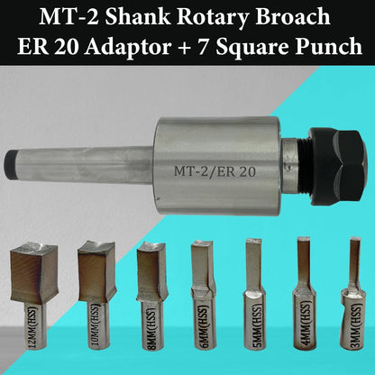 ASSORTS MT-2 Shank Rotary Broach Holder with ER20 Adapter & 7-Piece Square Punch Broach Set (3–12mm) for CNC Lathe, Milling Machine, Internal Square Hole Cutting & Precision Metalworking Tools