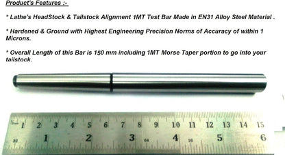 PRECISION STEEL LATHE ALIGNMENT TEST BAR MANDREL-HELPS LINING-UP HEADSTOCK & TAILSTOCK TO ELIMINATE ANY TAPER TURNING ON LONG LENGTH WORK-PIECE (MT1-REGULAR (OAL-160 MM))