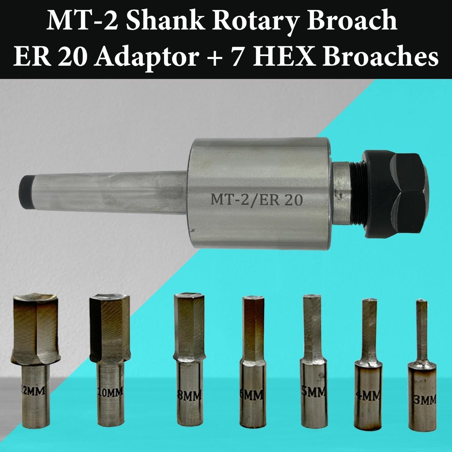 ASSORTS MT-2 Shank Rotary Broach Holder with ER20 Adapter & 7-Piece HEX Broach Set (3–12mm) for CNC Lathe, Milling Machine, Precision Internal Hex Cutting Tools