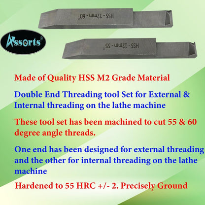 Double End Internal External Threading HSS Tool Set for Lathe Machine (12 x 12 MM SHANK)
