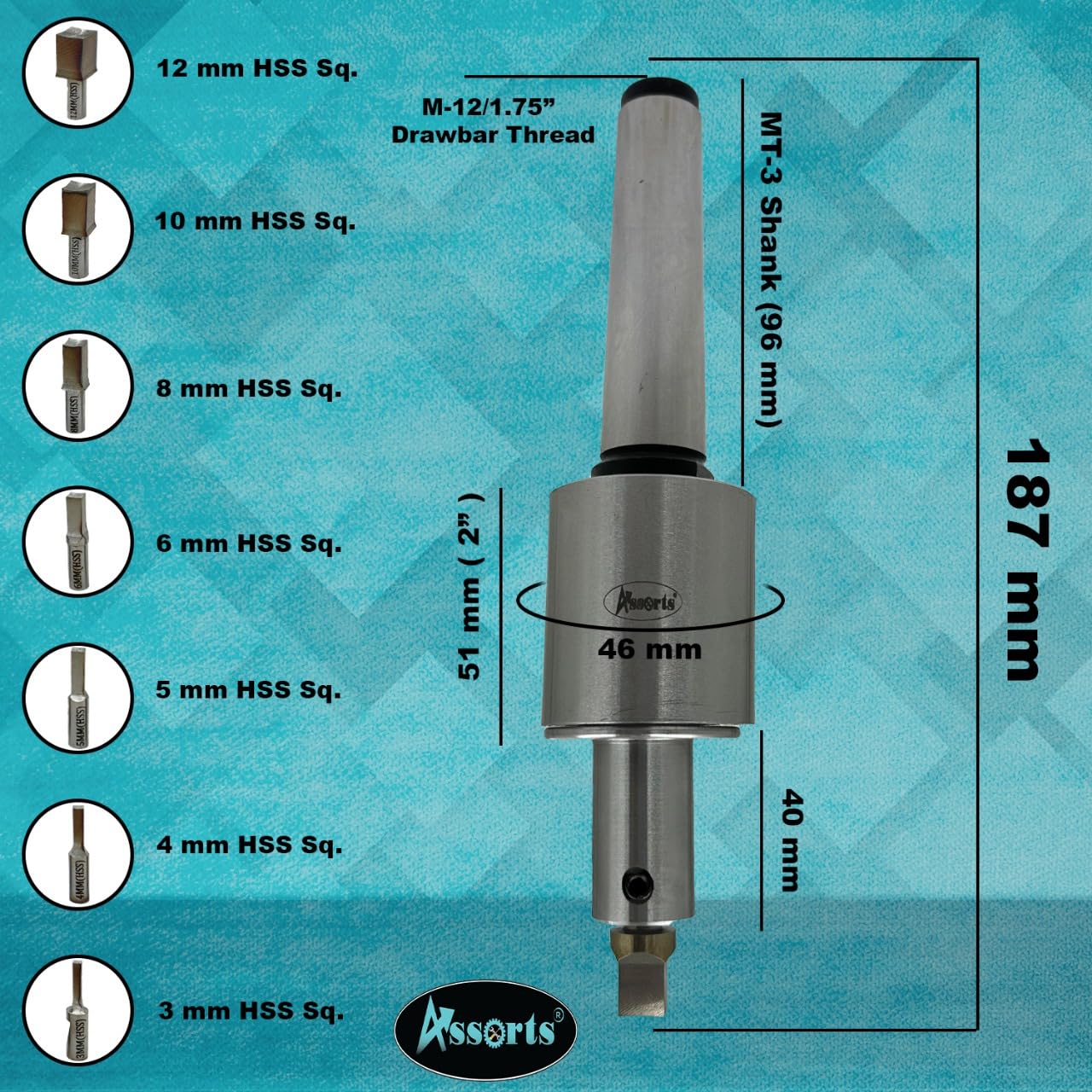 Assorts Newly Developed Rotary Broach (Metric) – MT2 Shank (M10 x 1.5 mm Drawbar) + 7 PCS H.S.S. Square Punch Set (3–12 mm) – Enhanced with Wobble Feature