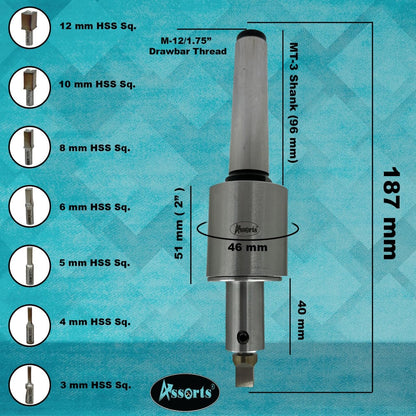 Assorts Newly Developed Rotary Broach (Metric) – MT3 Shank (M12 x 1.75 mm Drawbar) + 7 PCS H.S.S. Square Punch Set (3–12 mm)-Enhanced with Wobble Feature
