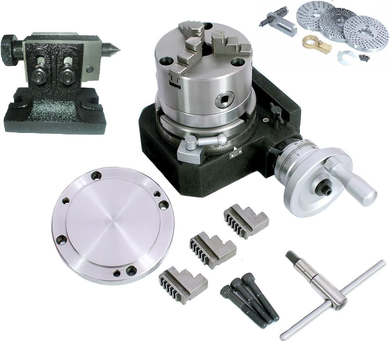 HV4 (110 MM) Rotary Table+100 mm 3 Jaws chuck with Reversible jaws+Back Plate+ Dividing Plate+ Tailstock- complete Milling indexing kit