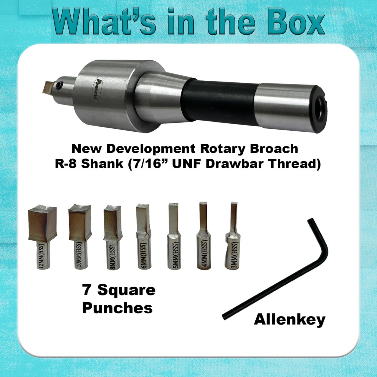 Assorts Newly Developed Rotary Broach (Metric) – R8 Shank (7/16” UNF Drawbar Thread + 7 PCS H.S.S. Square Punch Set (3–12 mm)-Enhanced with Wobble