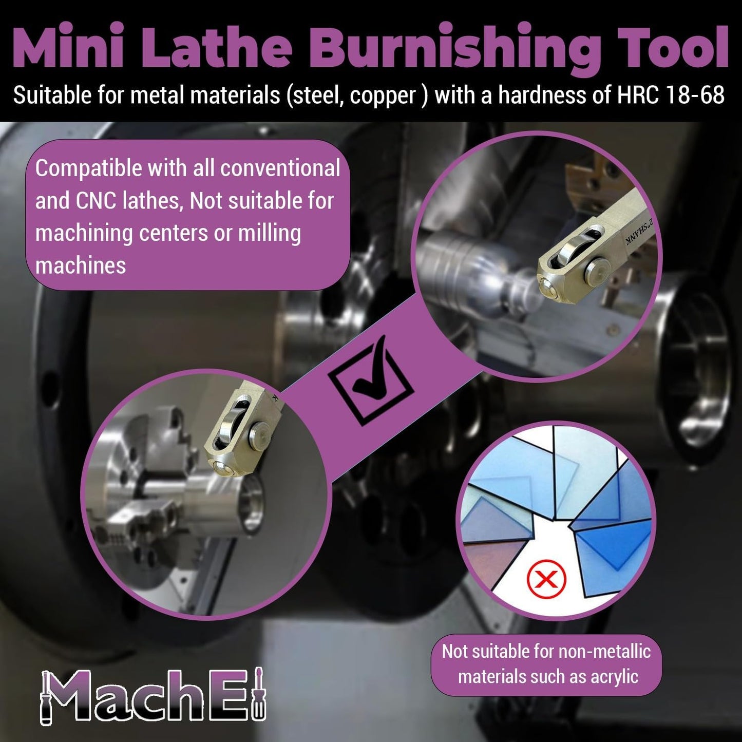 MachEl Mini Lathe Burnishing Tool – Precision Series, Enclosed Roller Burnishing Tool for High-Accuracy Finishing, 3/4'' X 3/4''X 2-1/2'' Shank Compatible with CNC & Manual Lathes, HRC 18-68