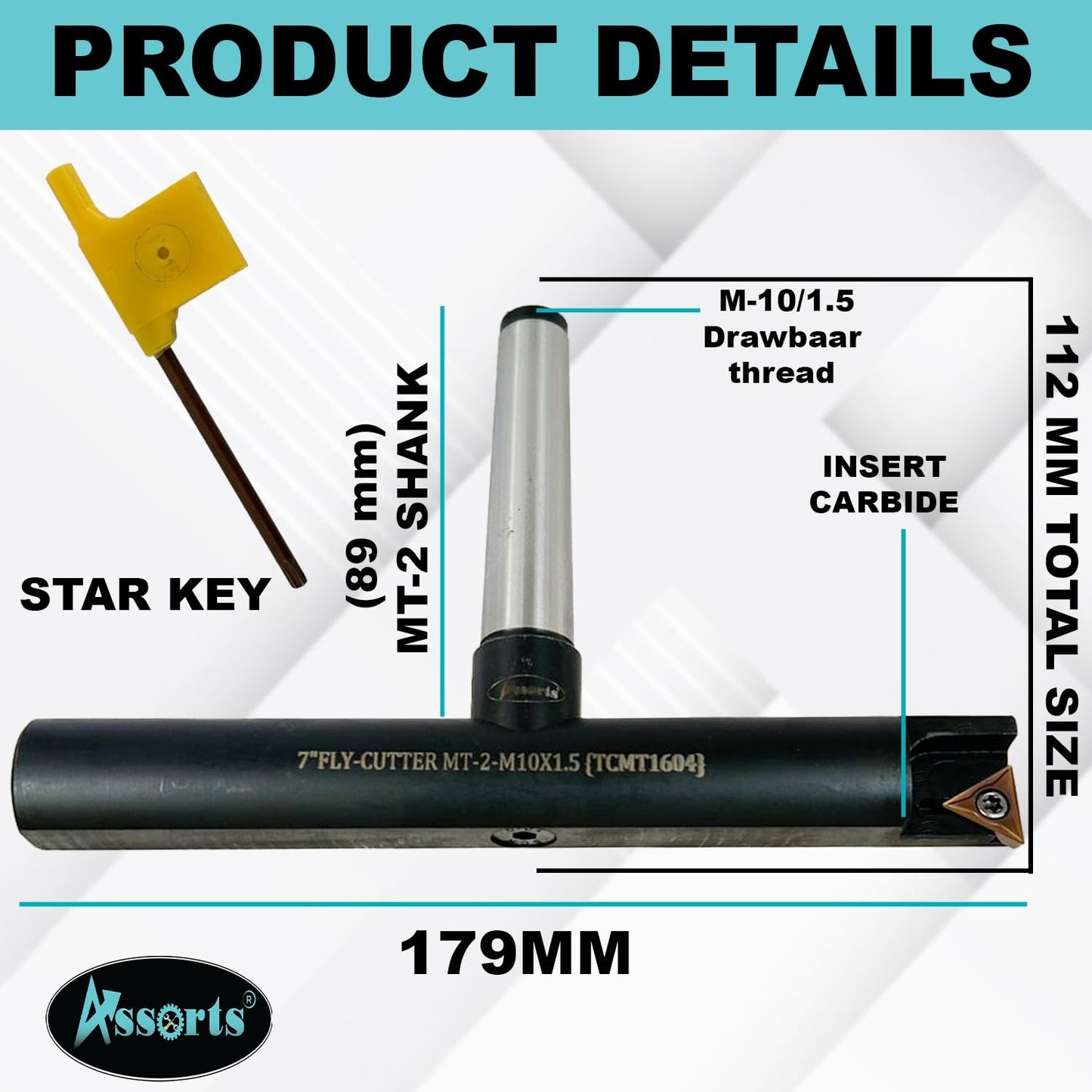 Assorts 7″ Balanced Fly Cutter Indexable Face Milling Cutter with MT2 Shank (M10 × 1.5 Drawbar Thread), Single TCMT1604 Insert, Torx Screw & Star Key Included