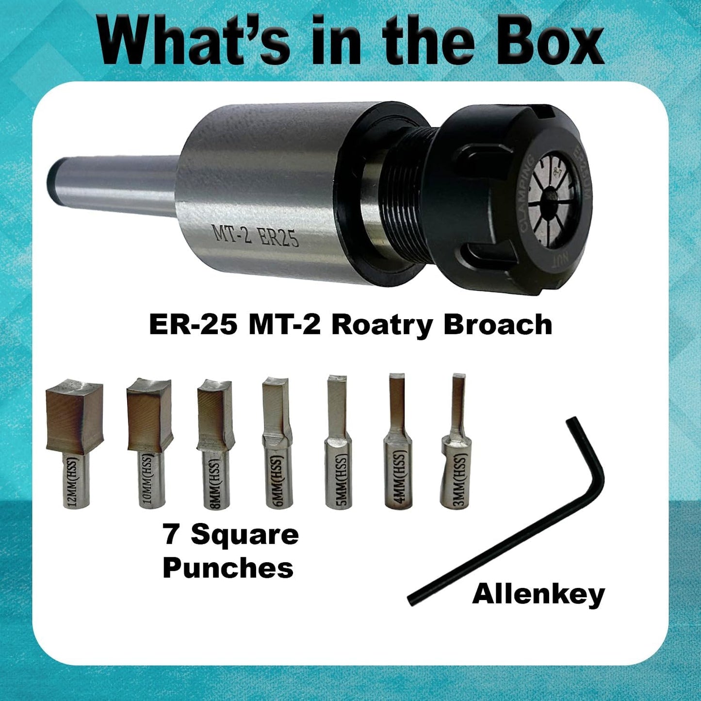 ASSORTS ER-25 MT2 Rotary Broach Holder with Metric Square Broach Punch Set | 3–12mm HSS Square Rotary Broaching Tools for Lathe, Milling & CNC Precision Machining | Durable ER25 MT2 Tooling Kit