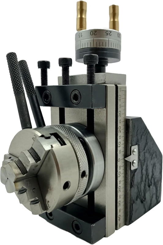 Assorts Mini Vertical Slide, measuring 90mm x 50mm, equipped with a 50mm 3-Jaw Self-Centering Chuck, complete with a back plate featuring an integrated side scale for mini lathe metalworking projects