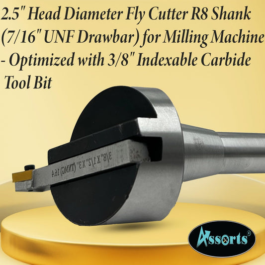 Assorts 2.5" Fly Cutter with R8 Shank (7/16" UNF Drawbar) for Milling Machines – Includes 3/8" Square HSS Tool Bit and Indexable Carbide Insert Tool