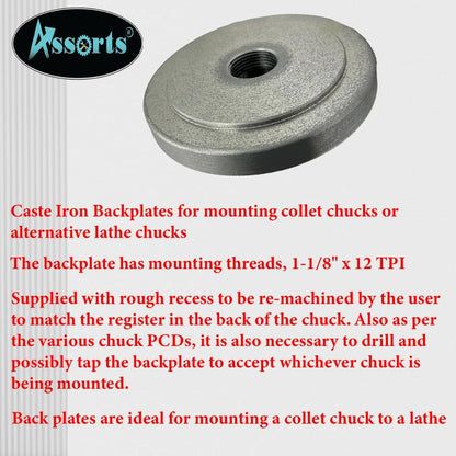 125 mm Cast Iron Backplate for Chuck Mounting | Myford-Compatible, 1-1/8" x 12 TPI Thread