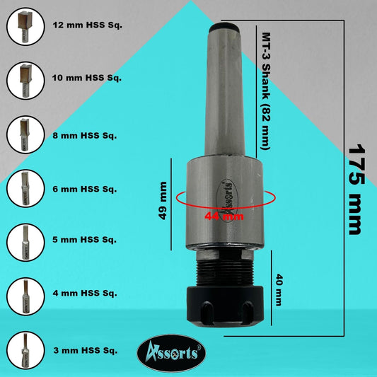 ASSORTS MT3 Shank Rotary Broach ER-25 Adapter with 7 Square Broaches (3mm to 12mm) | High Precision CNC Broaching Tool Set for Square Hole Cutting | Durable Tool Steel Broach Kit