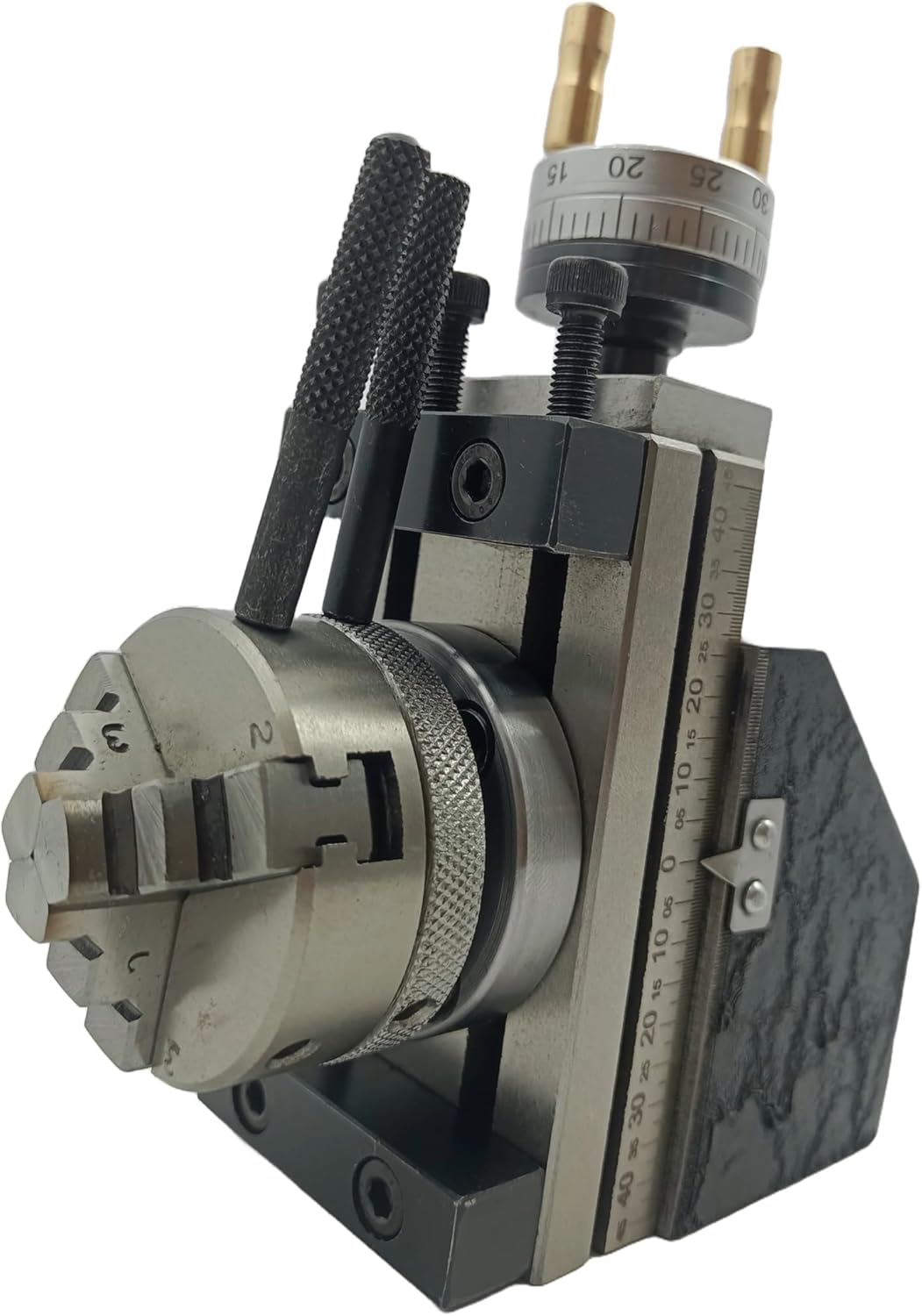 Assorts Mini Vertical Slide, measuring 90mm x 50mm, equipped with a 50mm 3-Jaw Self-Centering Chuck, complete with a back plate featuring an integrated side scale for mini lathe metalworking projects