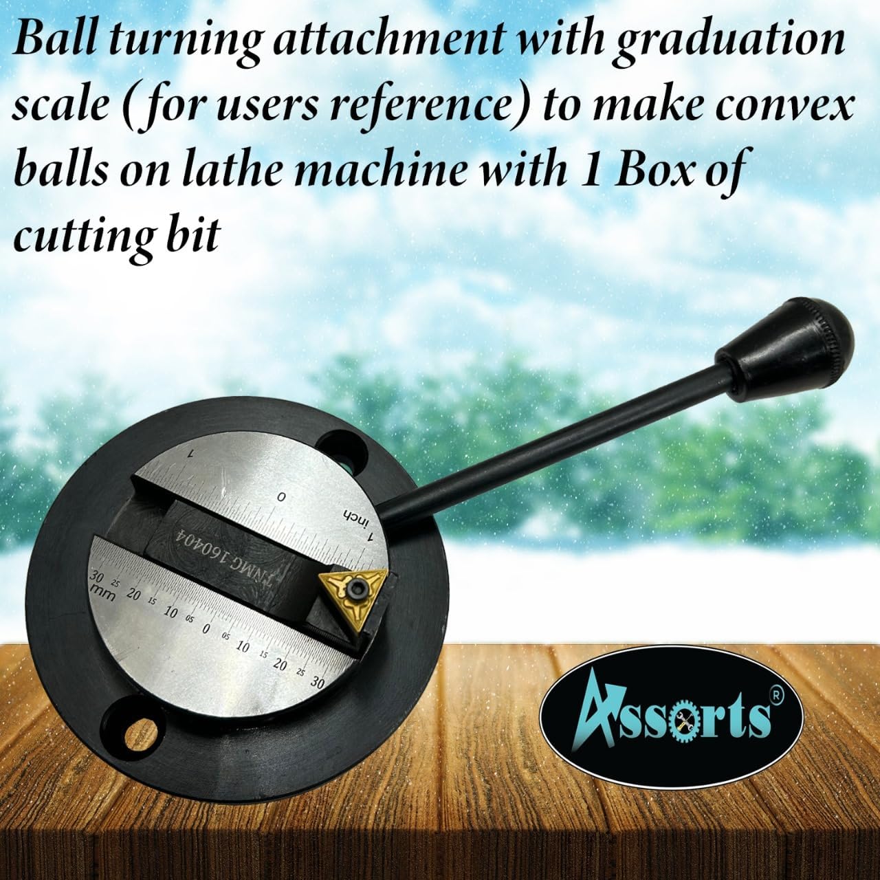 Assorts Lathe Ball Turning Attachment – Round Base with Graduation Scale – Single Bit – Convex & Concave Metal Sphere Radius Turning Fits Myford & Similar Lathes – Supplied in Plastic Suitcase with 1 Cutting Bit Box