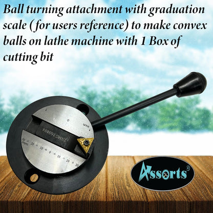 Assorts Lathe Ball Turning Attachment – Round Base with Graduation Scale – Single Bit – Convex & Concave Metal Sphere Radius Turning Fits Myford & Similar Lathes – Supplied in Plastic Suitcase with 1 Cutting Bit Box