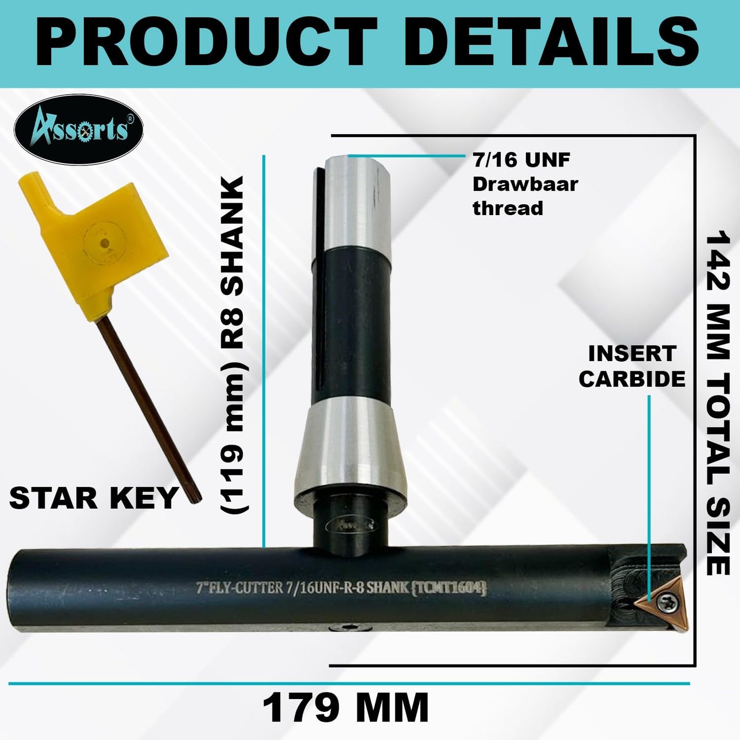 Assorts 7″ Balanced Fly Cutter Indexable Face Milling Cutter with R8 Shank (7/16″ UNF Drawbar Thread), Single TCMT1604 Insert, Torx Screw & Star Key Included