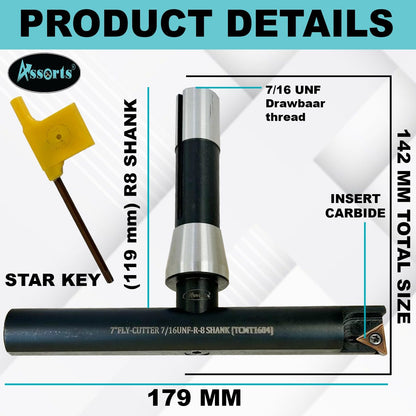 Assorts 7″ Balanced Fly Cutter Indexable Face Milling Cutter with R8 Shank (7/16″ UNF Drawbar Thread), Single TCMT1604 Insert, Torx Screw & Star Key Included