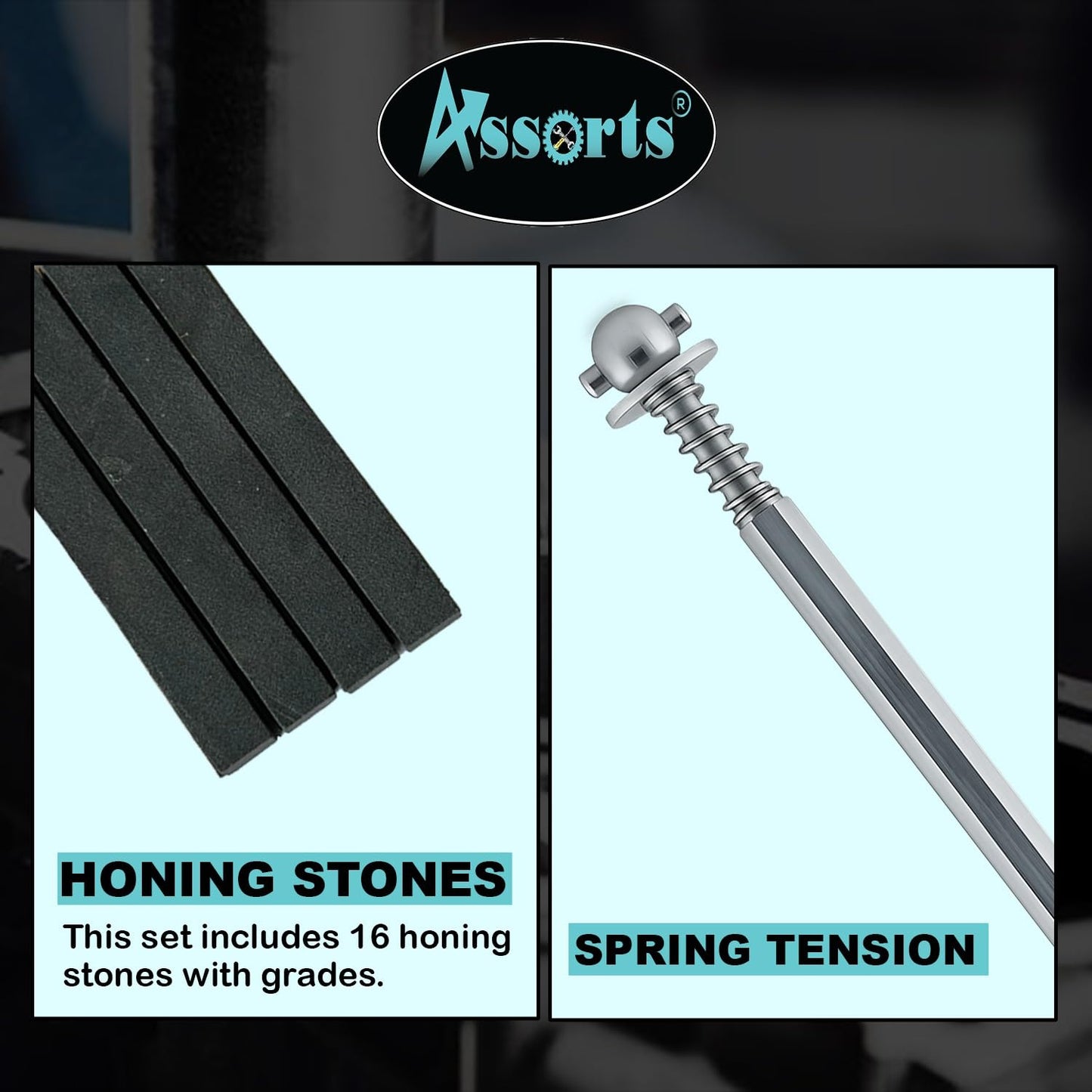 Assorts Engine Cylinder Hone Kit 2"–3" (50–75mm) Adjustable Handheld Honing Tool with 16 Honing Stones, 4" x 5/16" x 5/16", Heavy Duty Cylinder Hone for Automotive & Motorcycle Engines
