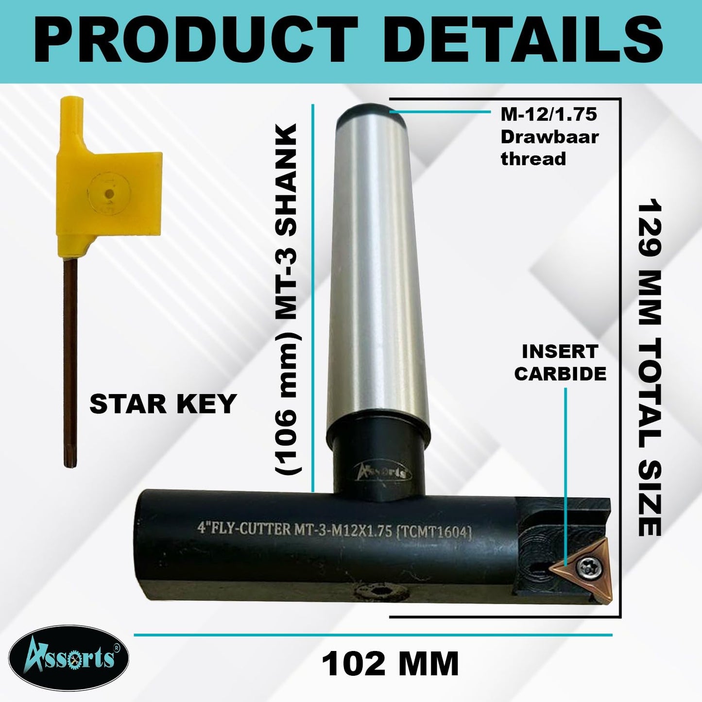 Assorts 4" Indexable Fly Cutter with MT3 Shank (M12 x 1.75 Drawbar Thread) – TCMT 1604 Insert Tool, Precision Face Milling Cutter for Milling Machines, Smooth Surface Finish & Heavy-Duty Metalworking