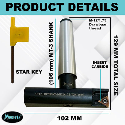 Assorts 4" Indexable Fly Cutter with MT3 Shank (M12 x 1.75 Drawbar Thread) – TCMT 1604 Insert Tool, Precision Face Milling Cutter for Milling Machines, Smooth Surface Finish & Heavy-Duty Metalworking