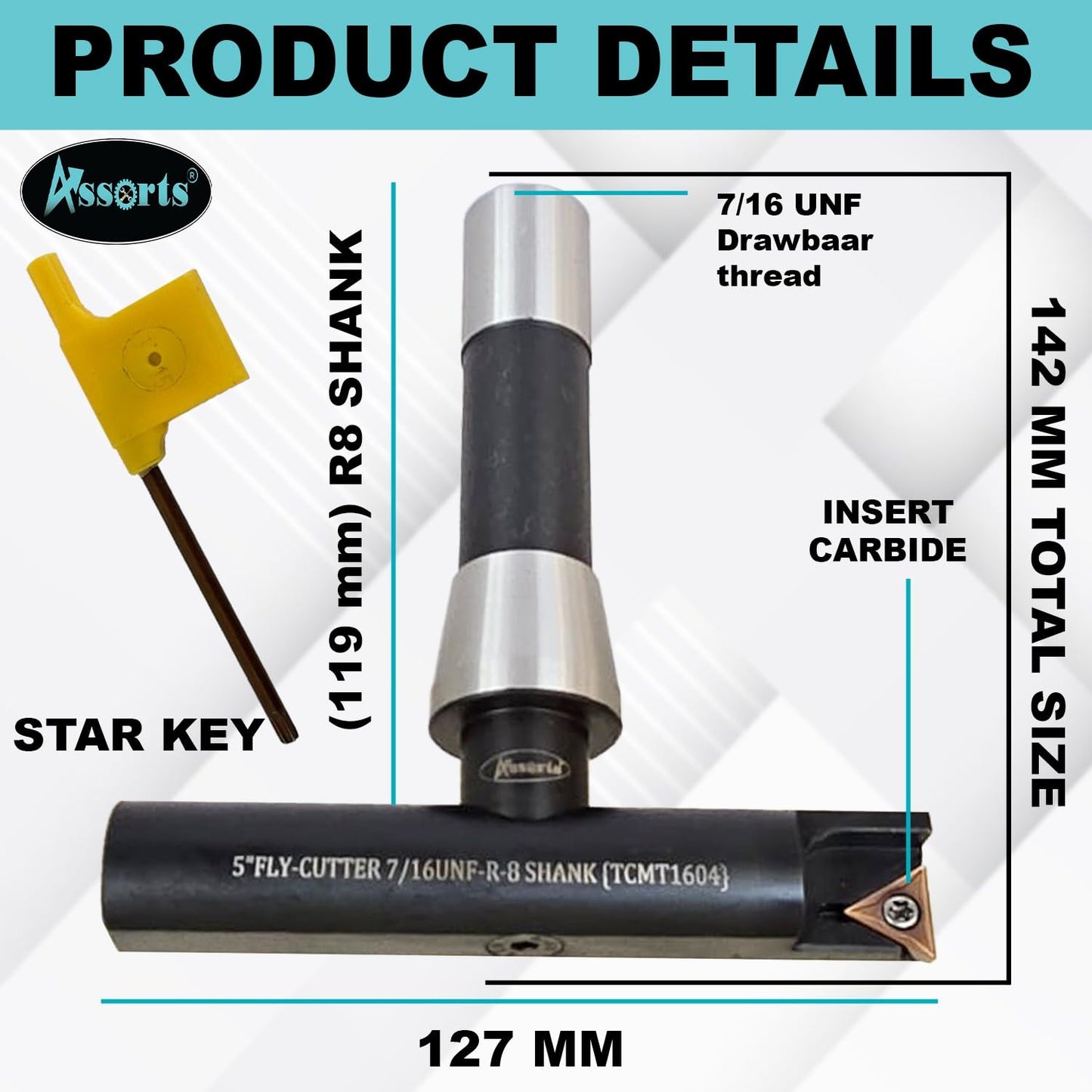 Assorts 5″ Balanced Fly Cutter Indexable Face Milling Cutter with R8 Shank (7/16 UNF Drawbar), Single TCMT1604 Insert, Torx Screw & Star Key Included