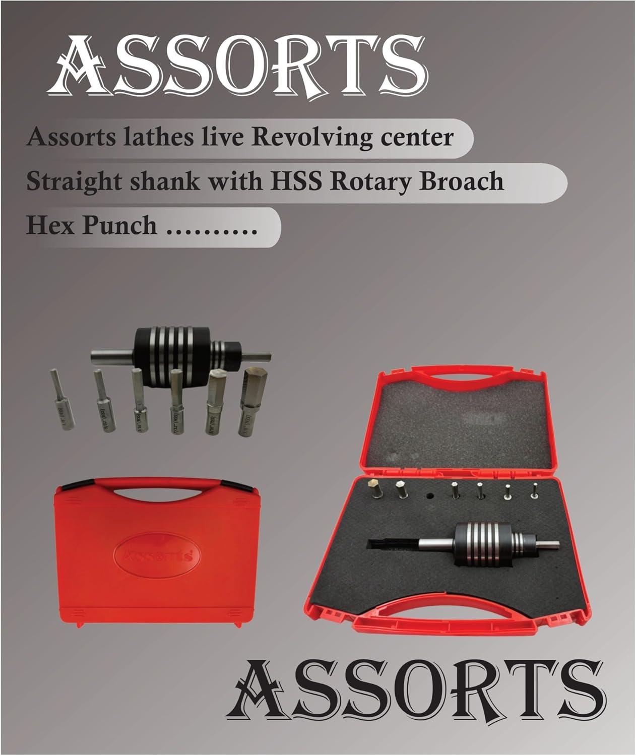 Assorts Lathe's High-Precision Live Revolving Center with Straight Shank and High-Speed Steel (HSS) Hex Rotary Broach for Superior Machining Accuracy and Versatility