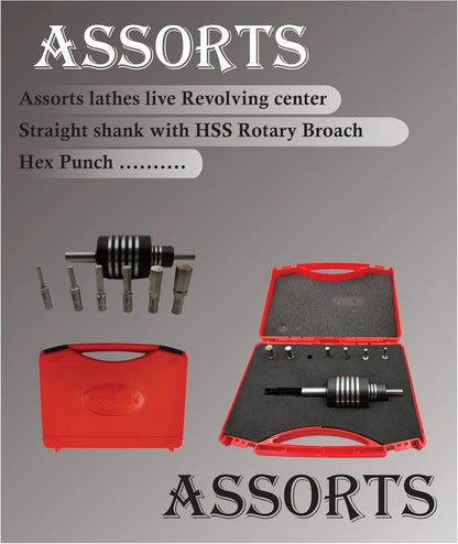 Assorts Lathe's High-Precision Live Revolving Center with Straight Shank and High-Speed Steel (HSS) Hex Rotary Broach for Superior Machining Accuracy and Versatility