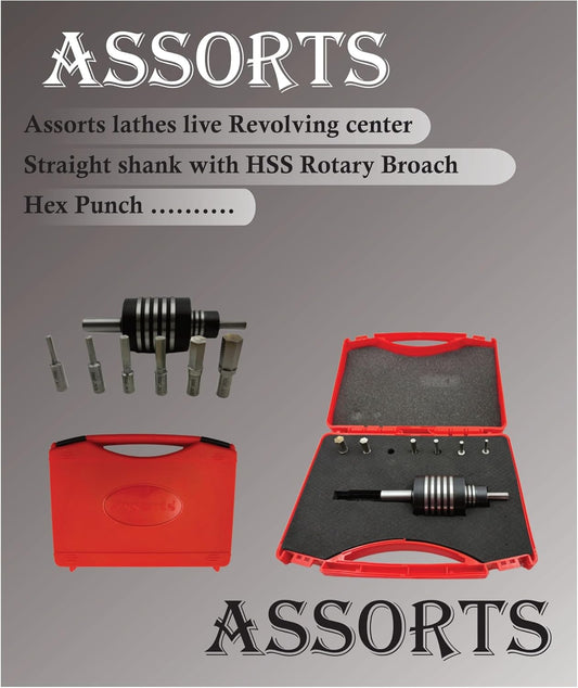 Assorts Lathe's High-Precision Live Revolving Center with Straight Shank and High-Speed Steel (HSS) Hex Rotary Broach for Superior Machining Accuracy and Versatility
