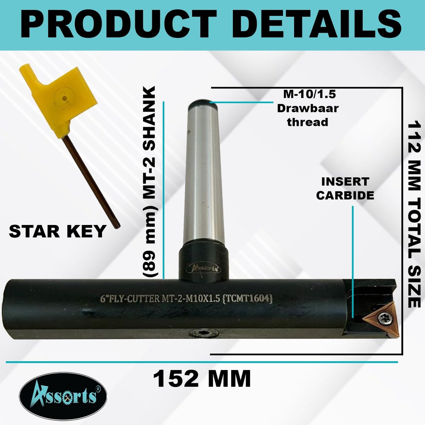 Assorts 6″ Balanced Fly Cutter Indexable Face Milling Cutter with MT2 Shank (M10 × 1.5 Drawbar), Single TCMT1604 Insert, Torx Screw & Star Key Included