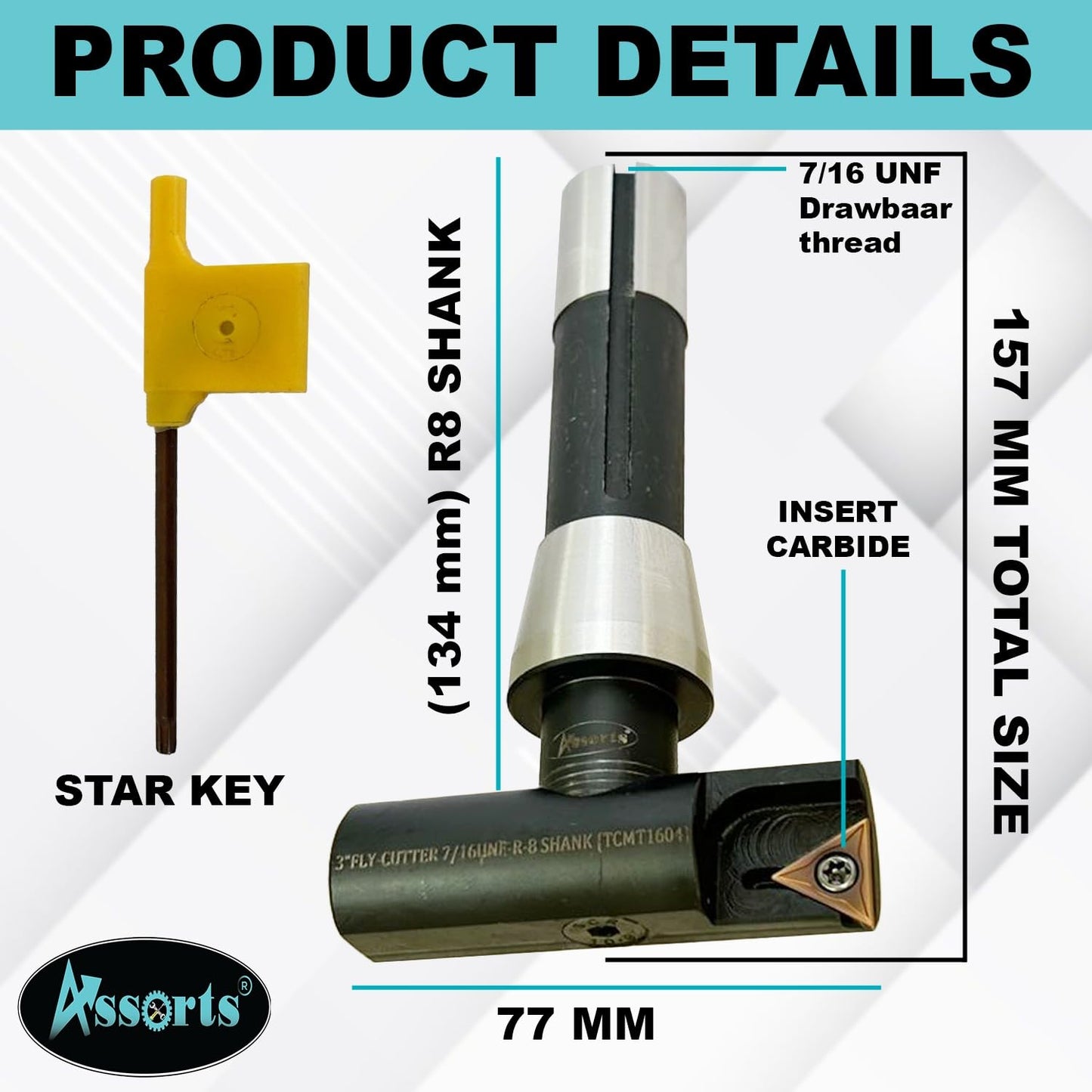 Assorts 3" Indexable Fly Cutter with R8 Shank (7/16"-20 UNF Drawbar Thread) – TCMT 1604 Carbide Insert Compatible – Precision Surface Facing Milling Tool