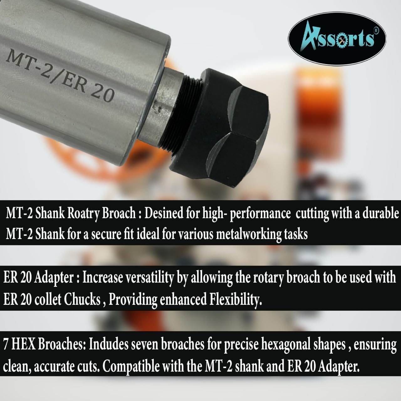 MT2 Shank Rotary Broach Kit with ER-20 Adaptor & 7-Piece Hex Broach Set – Precision Tooling for CNC and Milling Machines