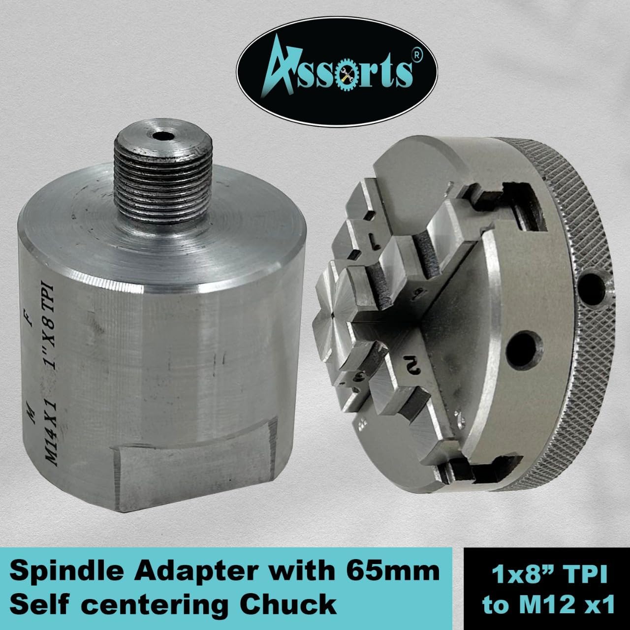 Lathe Spindle Adapter Connects 1" X 8 Tpi Machine Spindle To M14 X 1 Threaded Chucks (Adaptor With 65 Mm 4 Jaw Self Centering Chuck)