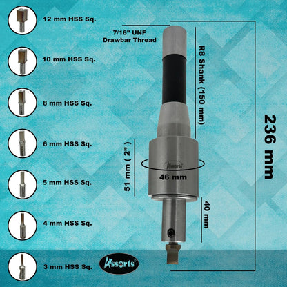 Assorts Newly Developed Rotary Broach (Metric) – R8 Shank (7/16” UNF Drawbar Thread + 7 PCS H.S.S. Square Punch Set (3–12 mm)-Enhanced with Wobble
