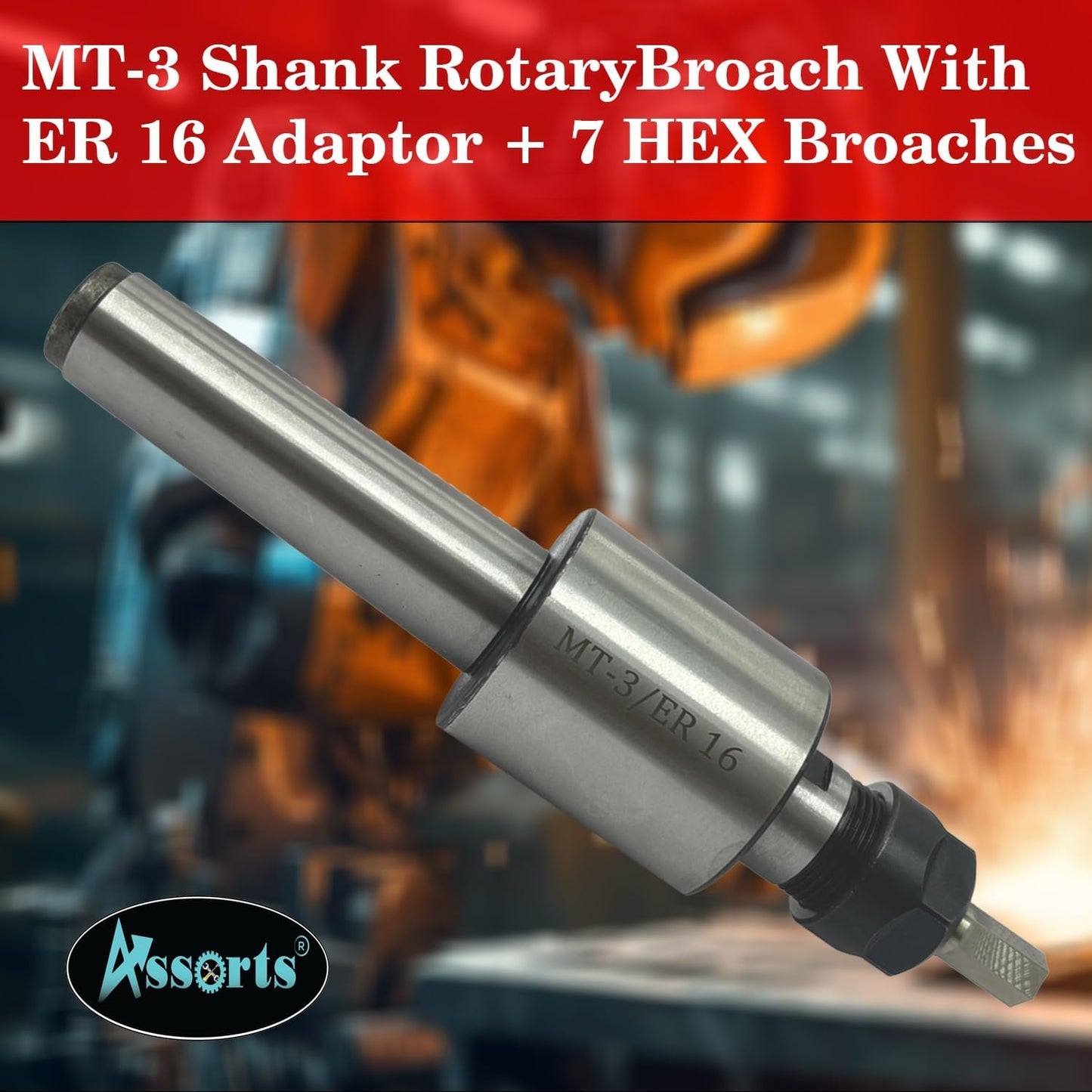 MT3 Shank Rotary Broach Kit with ER16 Adaptor & 7-Piece Hex Broach Set