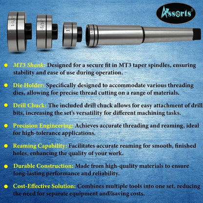 Assort MT3 Tapping, Threading, and Reaming Die Holder Set with Drill Chuck - Imperial