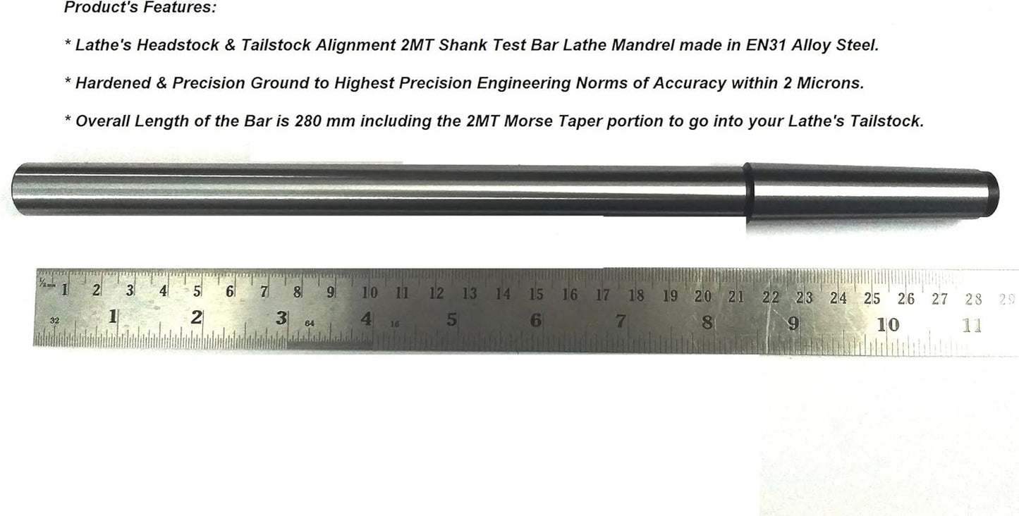 Precision Steel Lathe Alignment Test Bar Mandrel-helps Lining-up Headstock & Tailstock To Eliminate Any Taper Turning On Long Length Work-piece (MT2-long (Oal 280 MM))