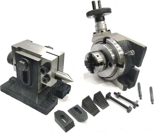 Precision Horizontal Vertical Milling Indexing 4"/ 100 Rotary Table, M6 Clamp Kit With Suitable Tailstock & Small Chuck & Fixing T Nut Bolts (With 50 MM 4 Jaw Self Centering Chuck)
