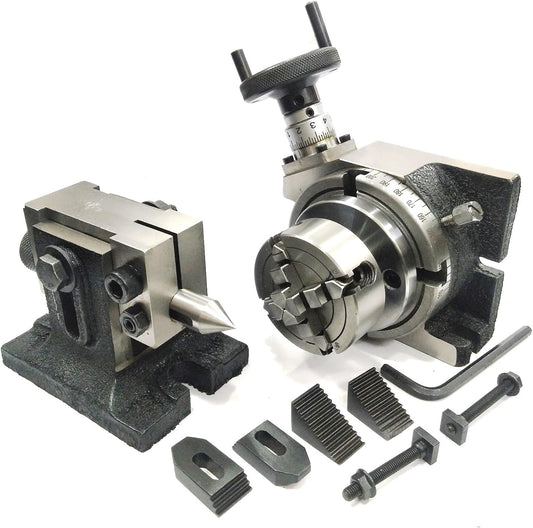 PRECISION HORIZONTAL VERTICAL MILLING INDEXING 4"/ 100 ROTARY TABLE, M6 CLAMP KIT WITH SUITABLE TAILSTOCK & SMALL CHUCK & FIXING T NUT BOLTS