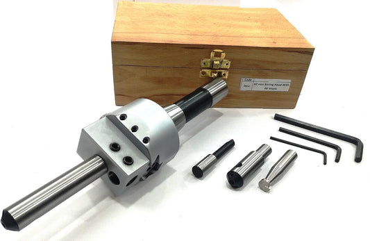 PRECISION BORING HEAD 62 MM DIAMETER FOR LATHE, MILLING MACHINE -QUALITY TOOLS ACCESSORIES WITH FLY CUTTERS, CARBIDE BRAZED TOOL SETS // 1 DIV=0.01 MM (R8 SHANK (7/16" UNF x 20 TPI DRAWBAR))
