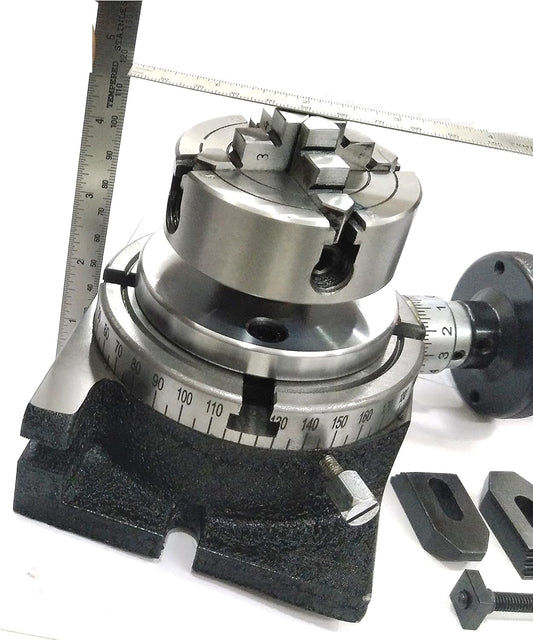 PRECISION HORIZONTAL VERTICAL MILLING INDEXING 4"/ 100 ROTARY TABLE, M6 CLAMP KIT WITH SUITABLE TAILSTOCK & SMALL CHUCK & FIXING T NUT BOLTS
